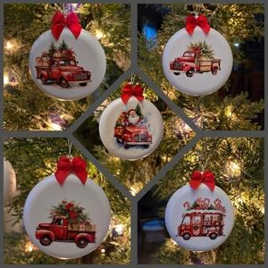 Set of 5 Red Rustic Pick up truck on white round ornament.